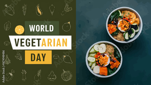 Vector art of world vegetarian day celebration with healthy food bowls and graphic elements promoting a plantbased lifestyle