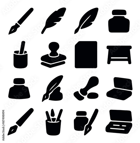 Silhouette writing icon set featuring quill, ink pot, stamp, notebook, and fountain pen symbols