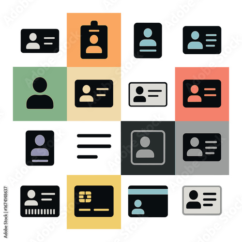 Flat id and card icon set featuring profile, badge, and contact symbols