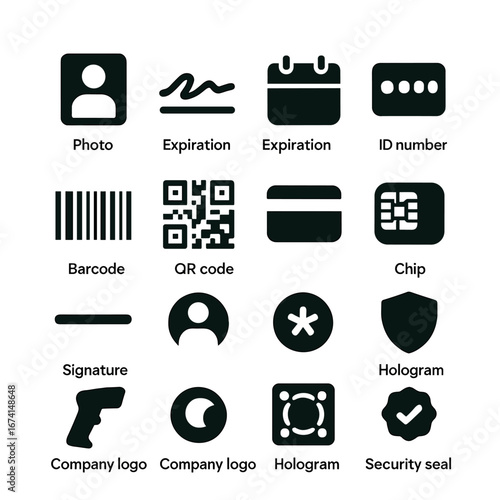Silhouette id icon set featuring photo, expiration, barcode, qr code, chip, signature, hologram, security seal