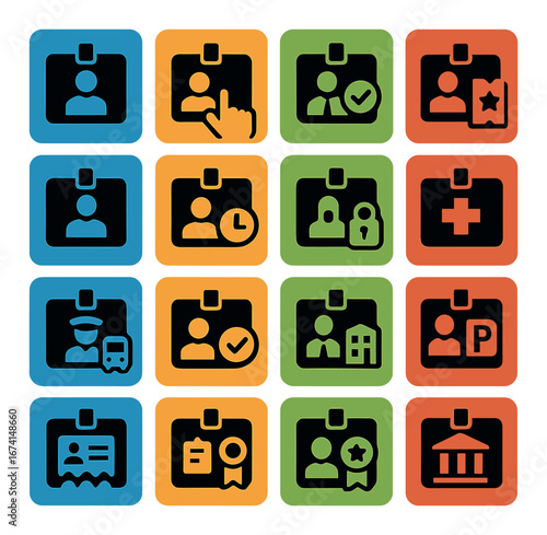 Silhouette id and profile icon set featuring user, badge, approval, medical, and government symbols