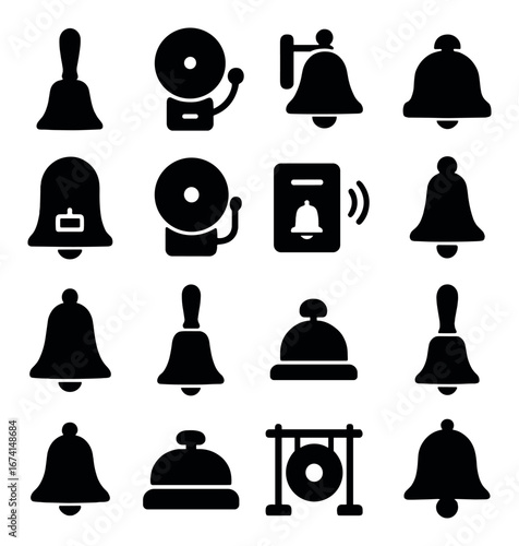 Silhouette bell icon set featuring alarm, school, doorbell, warning, vintage, and concierge symbols
