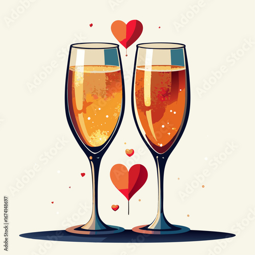 Two glasses of bubbly champagne with romantic hearts