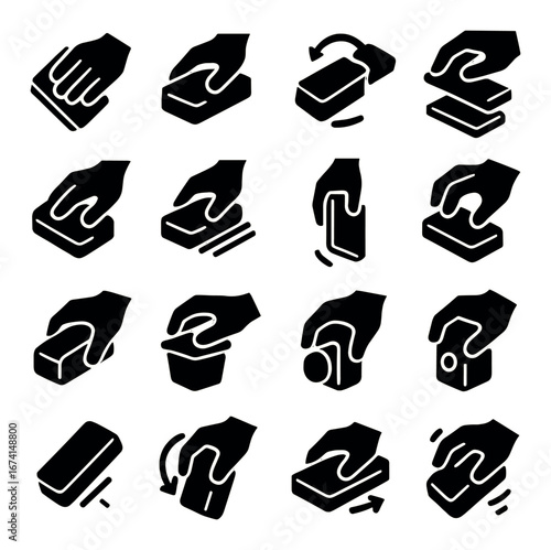 Silhouette cleaning icon set featuring sponge, spray, wiping, scrubbing, and washing symbols