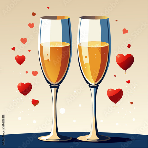 Two glasses of champagne with hearts and bubbles