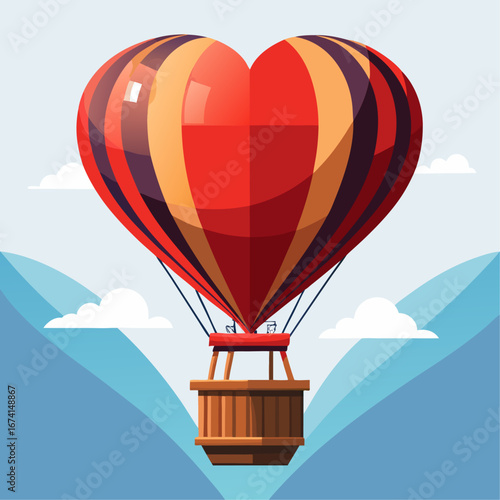 Heart shaped hot air balloon soaring over mountains