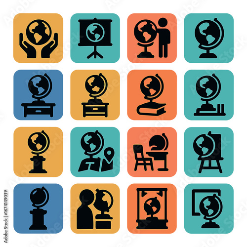Silhouette education icon set featuring globe, presentation, classroom, student, desk, teacher symbols