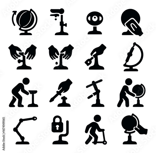 Silhouette science icon set featuring globe, microscope, webcam, lock, and robot symbols