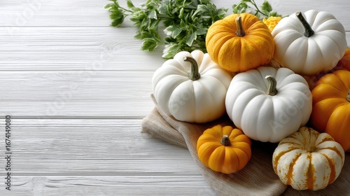 Wallpaper Mural Display of various pumpkins in white and orange alongside autumn leaves in a decorative setting, perfect for seasonal festivities Torontodigital.ca