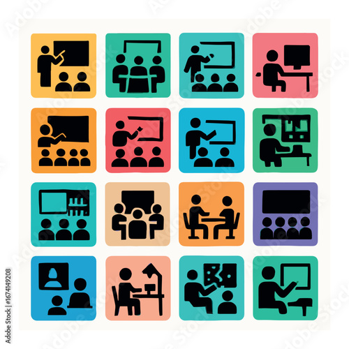 Flat education icons set featuring teacher, classroom, presentation, student, online learning, and meeting symbols