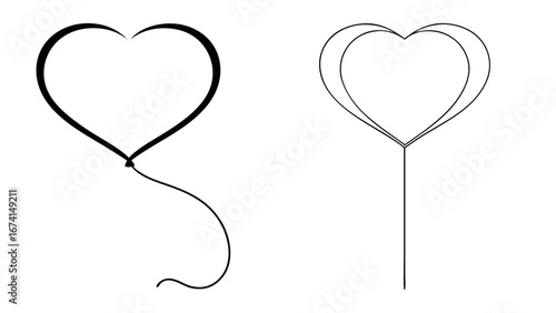 Two simple line art heart shapes one balloon one stick
