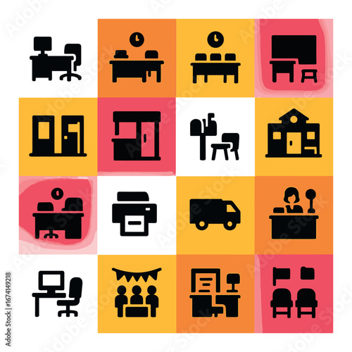 Silhouette office icon set with desk, chair, computer, meeting, printer, delivery