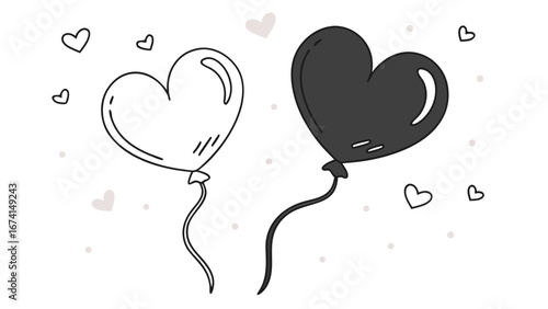 Two heart shaped balloons one black one outline with small hearts scattered