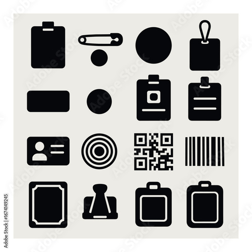 Silhouette office icon set featuring clipboard, safety pin, badge, id card, qr code, and barcode symbols