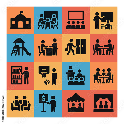 Silhouette education icon set featuring school, classroom, playground, library, basketball, and meeting symbols