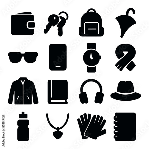 Silhouette accessory icon set featuring wallet, keys, backpack, umbrella, sunglasses, phone, and watch