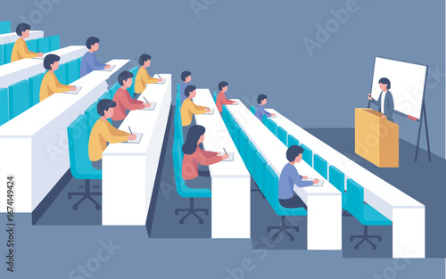 Students sitting at desks in a university lecture hall listening to a professor's lesson. Flat vector illustration of higher education and learning process