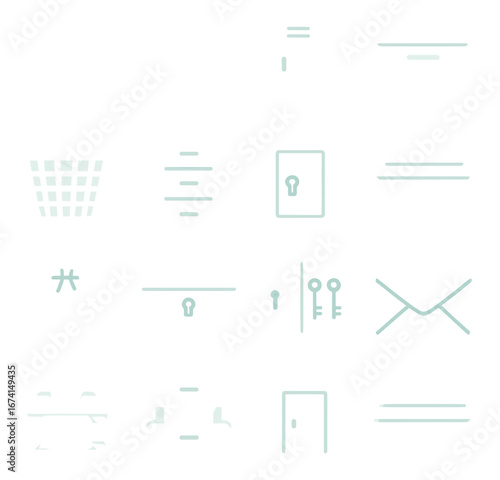 Flat security icon set featuring lock, key, safe, door, mailbox, drawer, and box symbols
