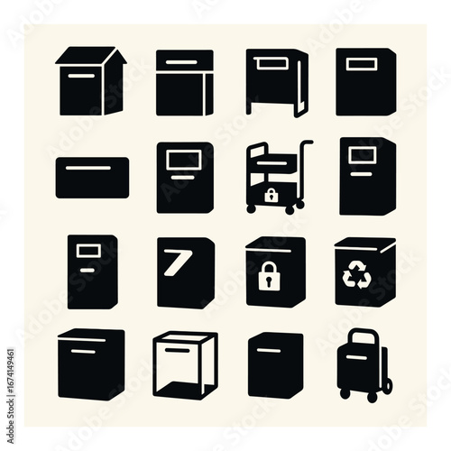 Silhouette postal icon set featuring box, mailbox, cart, lock, recycle, and package symbols