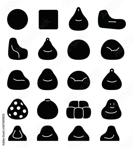 Silhouette furniture icon set featuring armchair, beanbag, sofa, cushions, and ottoman symbols