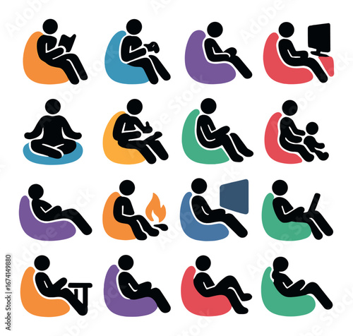 Silhouette relaxation icon set featuring reading, yoga, campfire, family, and computer activities