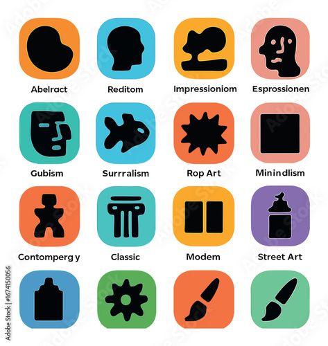 Flat art movement icons set featuring abstract, impressionism, surrealism, and minimalism symbols