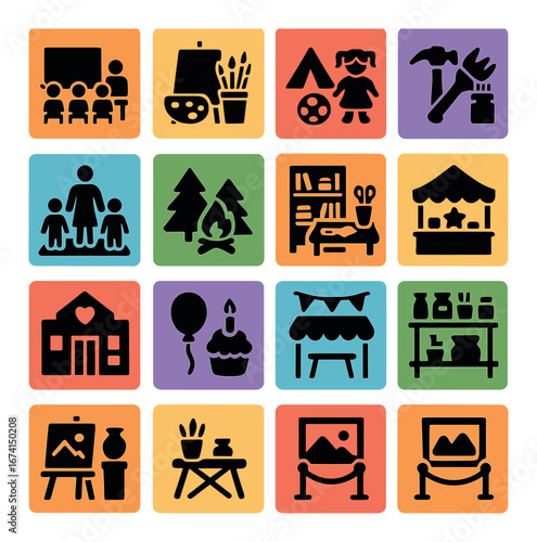 Silhouette education and childhood icon set featuring school, family, camping, art, and birthday symbols