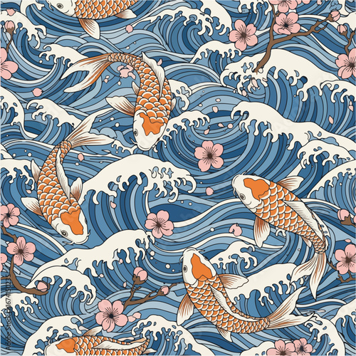 Seamless Japanese pattern featuring vibrant orange koi fish swimming gracefully amidst powerful blue ocean waves and delicate pink cherry blossoms.