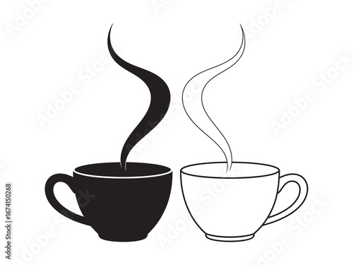 A minimalist vector graphic of a black and a white coffee cup with contrasting swirling steam, symbolizing harmony and balance