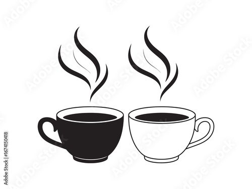 Two steaming coffee cups, one black and one white, with steam rising above each, creating a cozy beverage moment