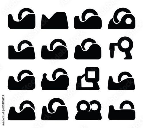 Silhouette stationery icon set featuring tape, dispenser, cutter, roll, holder, and stand