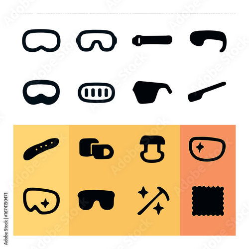 Silhouette ski gear icons set featuring goggles, helmets, poles, ski masks, and slopes accessories