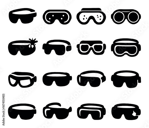 Silhouette eyewear icon set featuring goggles, sunglasses, and safety glasses designs
