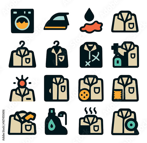 Flat laundry icon set featuring washing machine, iron, stain, and detergent symbols