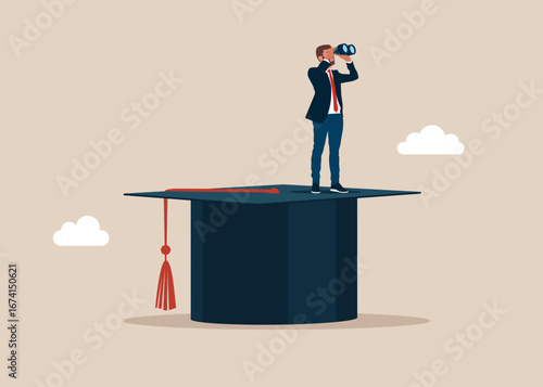 Entrepreneur stands on mortarboard hat idea using binoculars to see opportunity with higher education. Vision to discover new solution or idea, curiosity, searching for success concept. Vector