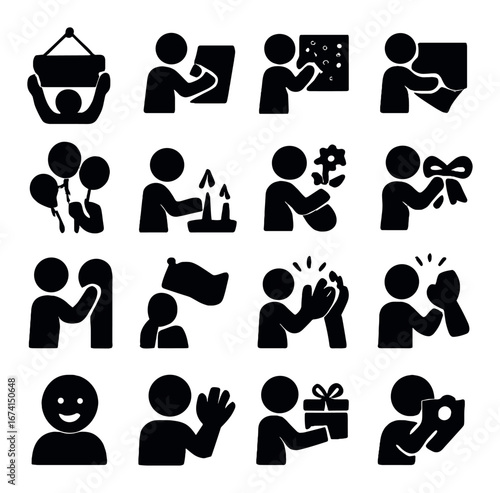 Silhouette activities icon set featuring painting, cooking, gardening, celebrating, and gift-giving symbols