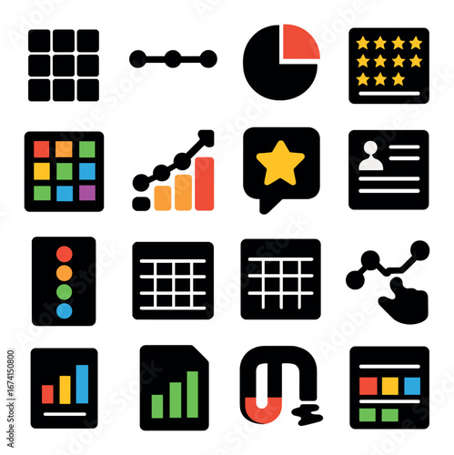 Silhouette business analytics icons set featuring graph, pie chart, spreadsheet, rating, and profile symbols