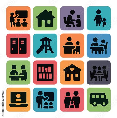 Silhouette family icon set featuring meeting, home, parent, child, classroom, playground, bus