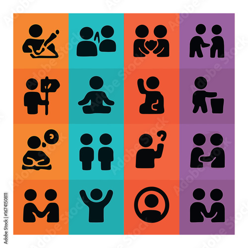 Silhouette communication icon set featuring writing, handshake, yoga, discussion, and meditation symbols