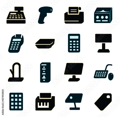Silhouette retail icons set featuring register, scanner, printer, terminal, calculator, and monitor symbols
