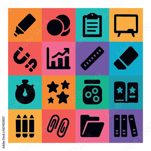 Silhouette office icon set featuring marker, coins, clipboard, board, magnet, chart, ruler, eraser, timer, stars, jar, books, pencils, clips, folder, binders