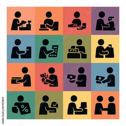 Silhouette shopping icon set featuring cashier, checkout, payment, customer, receipt, and bag symbols