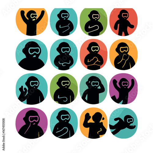 Silhouette icon set featuring various activities with gestures and poses