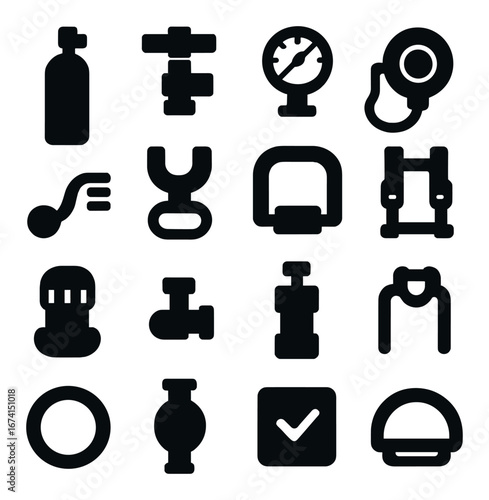 Silhouette industrial icon set featuring gauge, valve, pipe, pressure, and safety symbols
