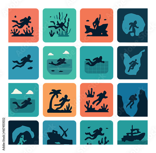 Silhouette diving icon set featuring underwater, swimming, coral, diver, and snorkeling symbols