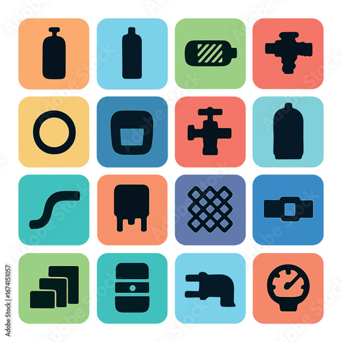 Silhouette plumbing icon set with pipe, faucet, valve, water meter, pump, and filter symbols