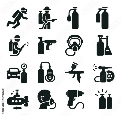 Silhouette firefighting icon set featuring firefighter, extinguisher, gas mask, fire hydrant, and fire hose symbols