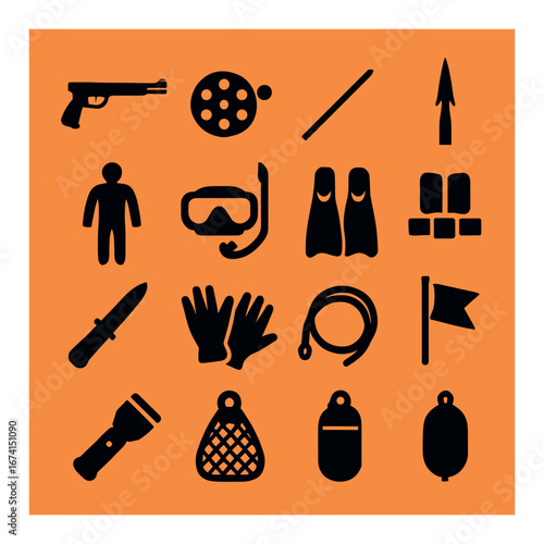 Silhouette weaponry icon set featuring gun, target, spear, knife, and scuba diving gear symbols