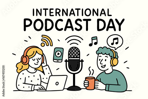 International Podcast Day illustration with people recording