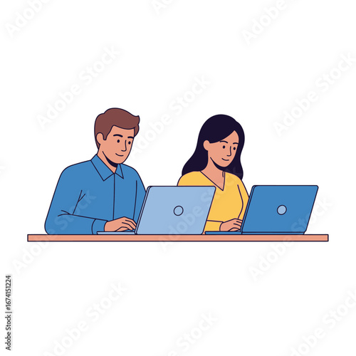 Team Collaboration, Professionals Working on Laptops, Office Setting, Vector Illustration, Isolated Environment, Concept of Growth